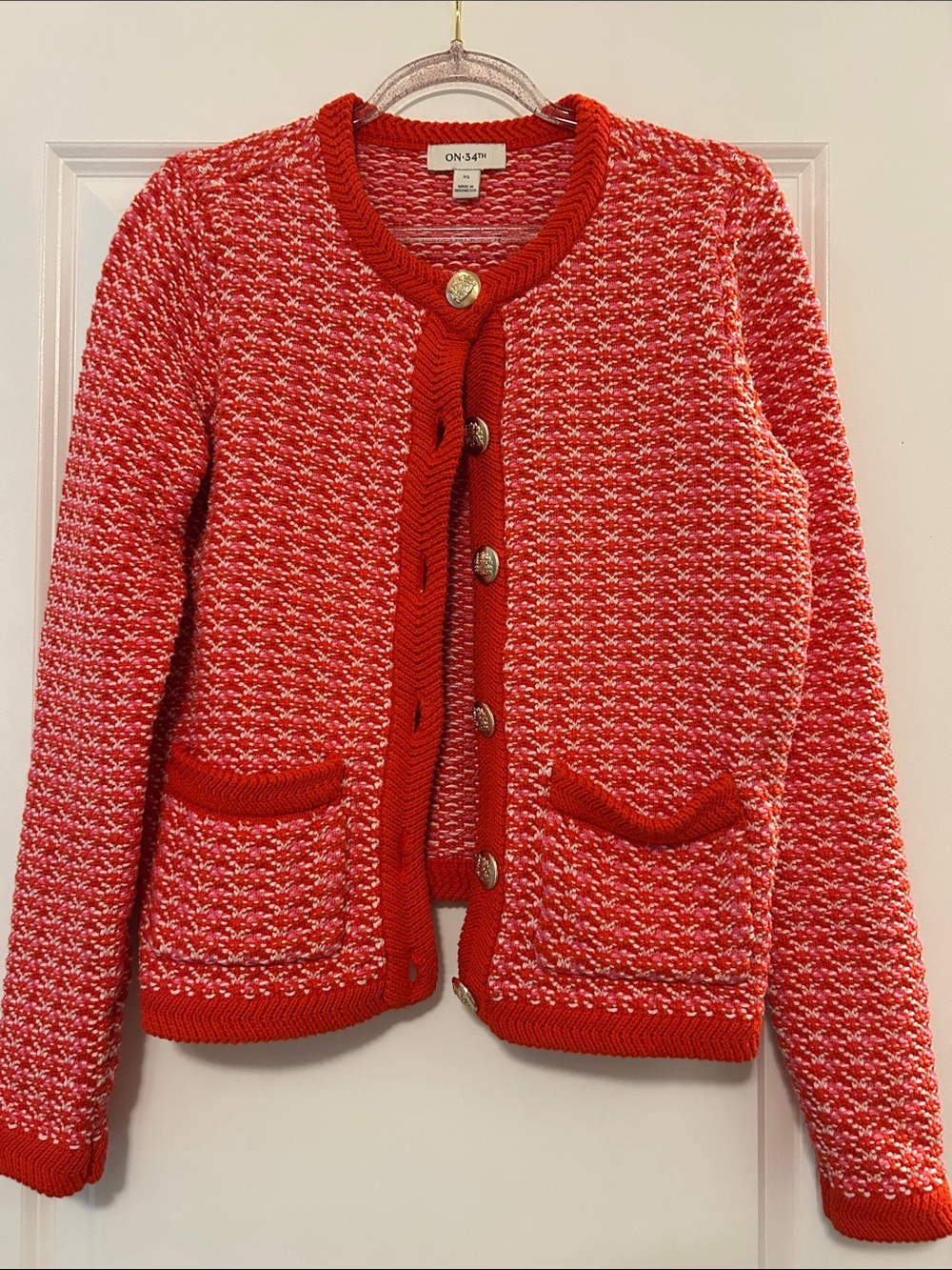 ON-34th Red Tweed Knit Cardigan with Gold Buttons